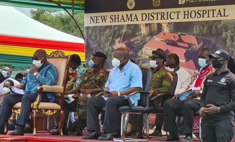 President cuts sod for construction of Shama District Hospital.